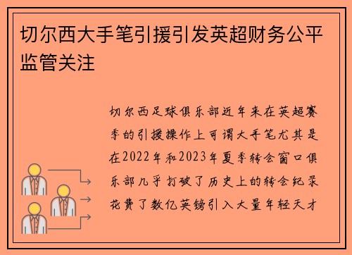 切尔西大手笔引援引发英超财务公平监管关注