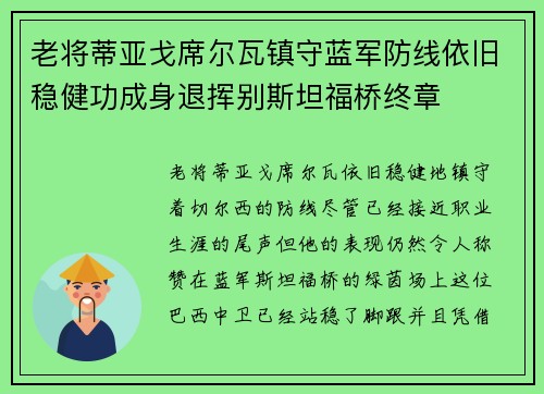 老将蒂亚戈席尔瓦镇守蓝军防线依旧稳健功成身退挥别斯坦福桥终章 老将蒂亚戈席尔瓦镇守蓝军防线依旧稳健功成身退挥别斯坦福桥终章