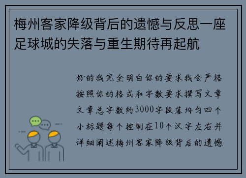 梅州客家降级背后的遗憾与反思一座足球城的失落与重生期待再起航